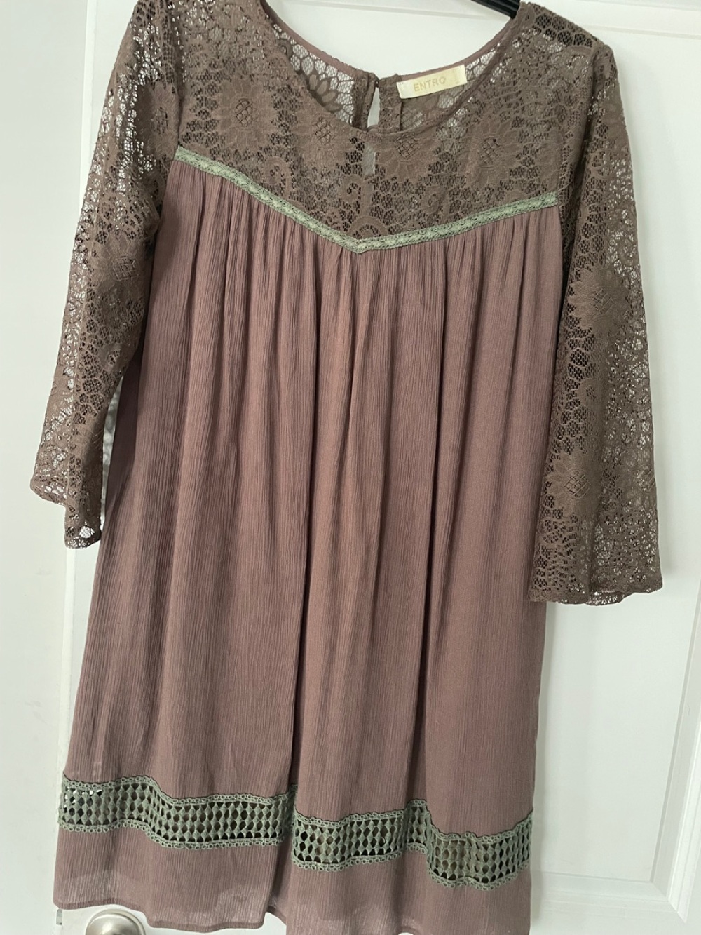 Entro Boho Style Retro Inspired Dress Sz L Taupe Lace Crochet Babydoll Romantic